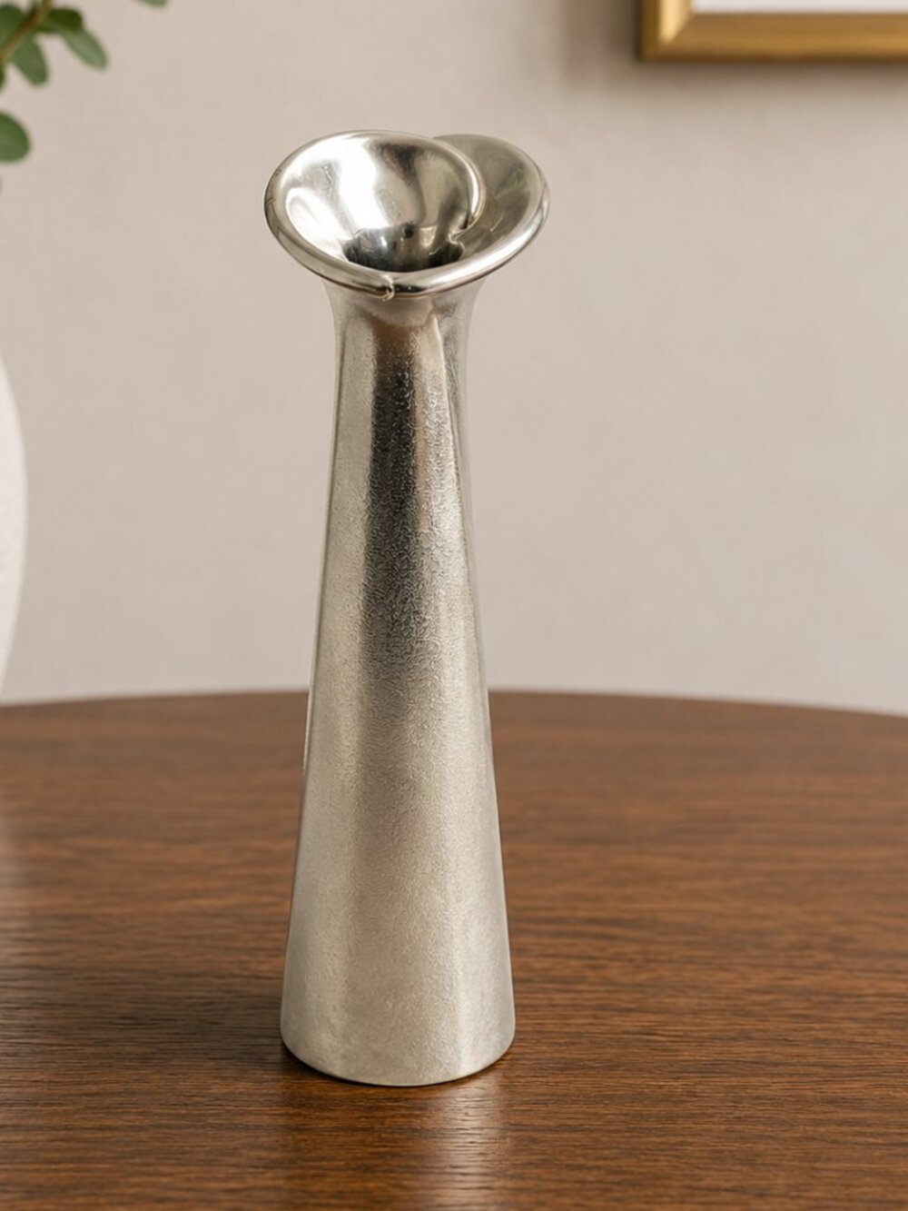 Vintage FTD Silver Tone Heart Bud Vase Modernist Sculptural Flower Vase 9"
